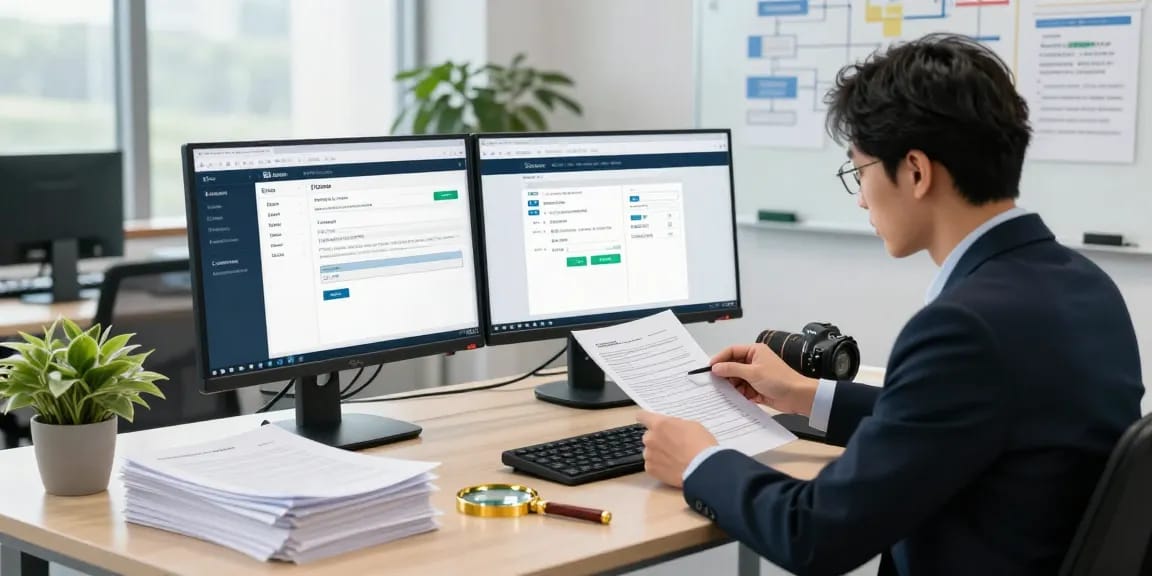 Document fraud detection system analysis with compliance officer in a modern office.