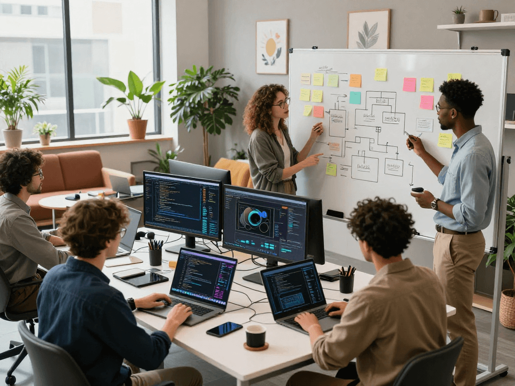 Collaboration in an AI workspace featuring diverse creators discussing slut ai innovations with tech gadgets and relaxed environment.