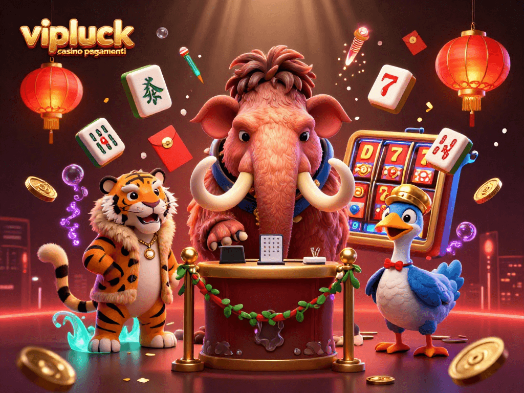 Vipluck casino pagamenti: mammut bouncer controlla ingressi in un'illustrazione vivace e festosa.