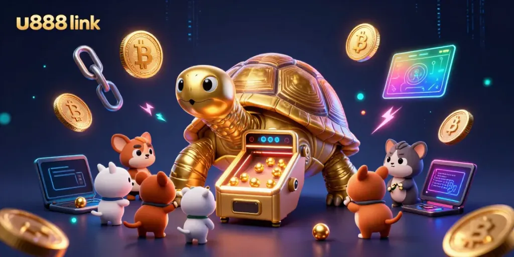 Spin and win at U888 link with colorful 3D casino characters and crypto elements, engaging gamblers.