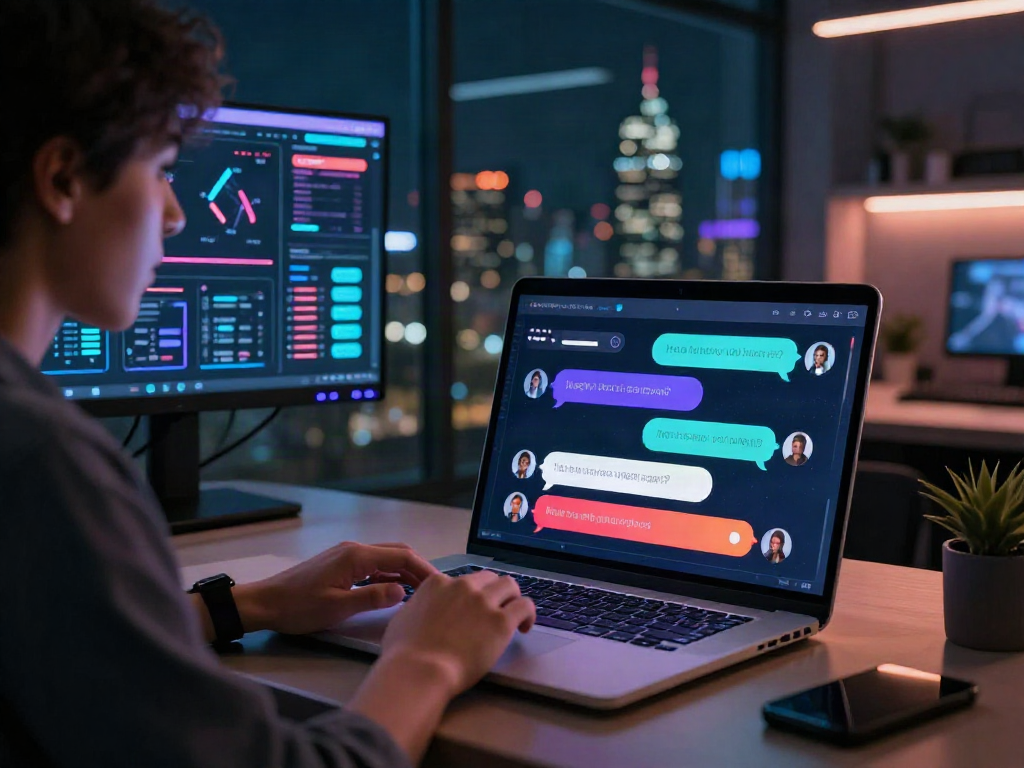 Engaging in an AI NSFW chat on a modern laptop in a tech-savvy workspace.