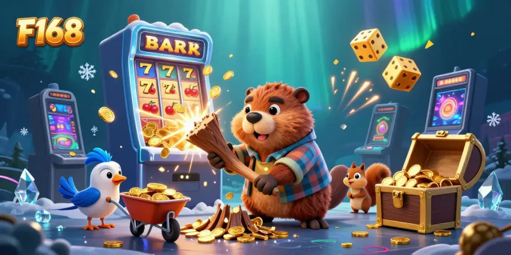 Experience F168's thrilling casino adventures as characters collect coins and jackpots in vibrant 3D
