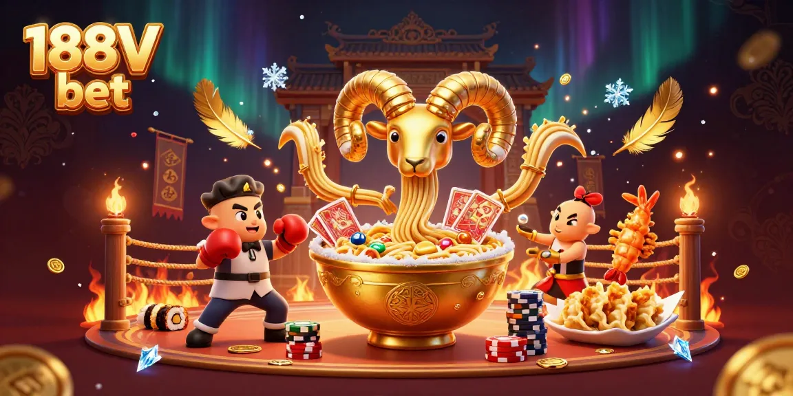 Engage in the thrilling 188V bet experience with a golden ramen bowl dealer, lively game elements, and dynamic action.