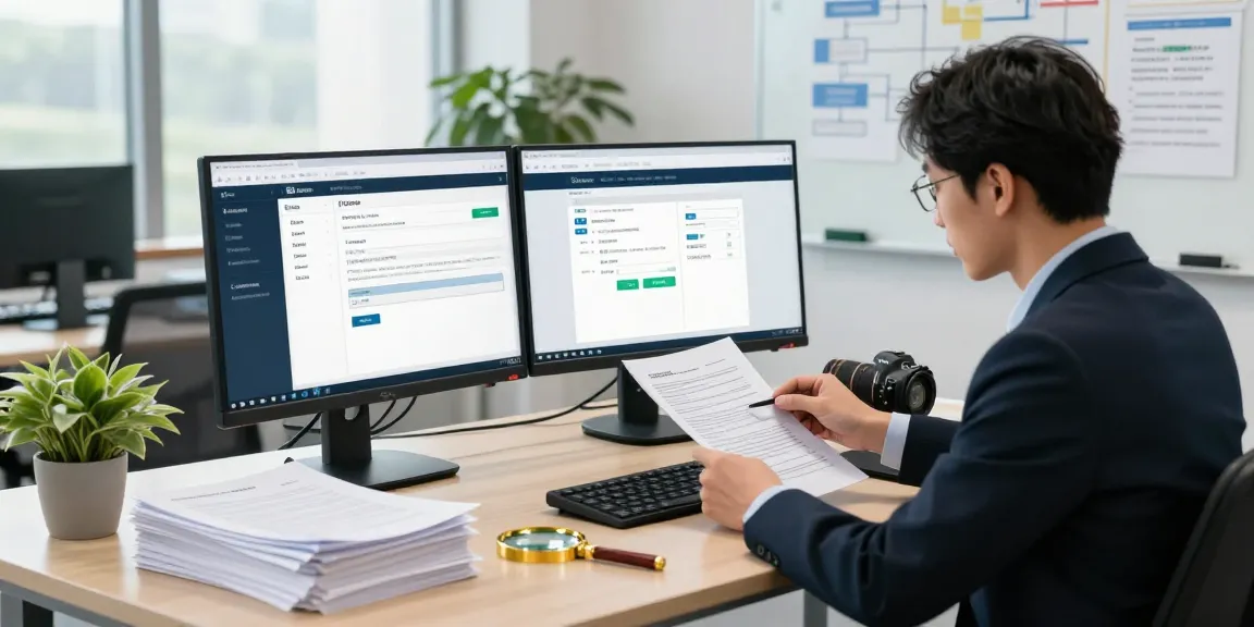 Document fraud detection system analysis with compliance officer in a modern office.