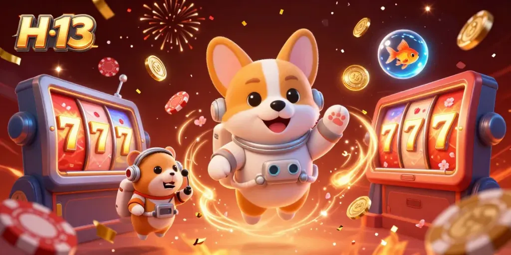 Engage with the thrilling atmosphere of H 13's online casino as a corgi astronaut floats amidst golden coins and spinning slot reels.