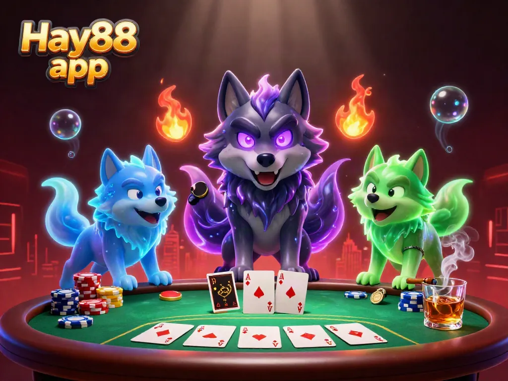 Engage with the Hay88 app in a vibrant 3D casino atmosphere featuring poker elements.