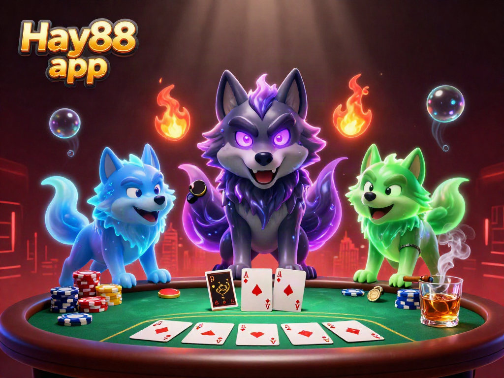 Engage with the Hay88 app in a vibrant 3D casino atmosphere featuring poker elements.