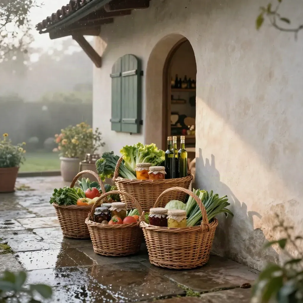 Cortile di cascina all’alba con ceste di prodotti, barattoli e bottiglie EVO sotto portico aperto