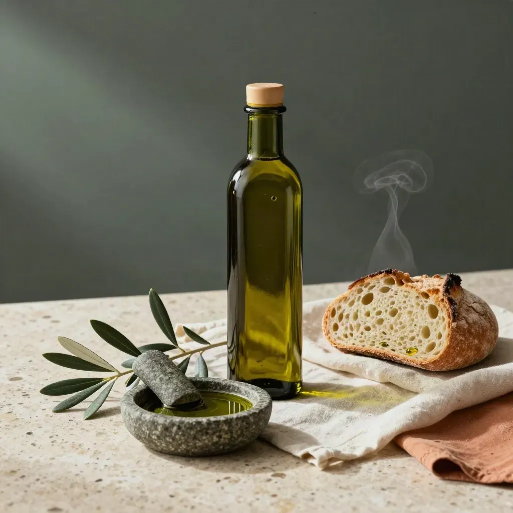 Bottiglia di olio EVO con pane rustico, rami d’ulivo e ciotola di pietra su lino