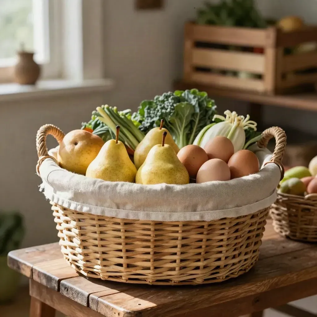 Cesta famiglia bio piena di ortaggi, pere ed uova su tavolo rustico.