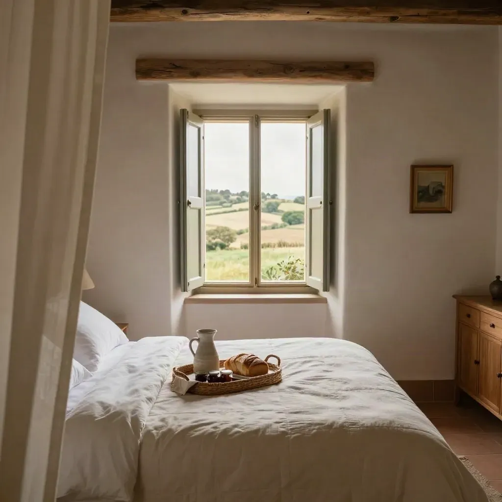 Camera da agriturismo con letto rifatto, vassoio colazione e finestre aperte sulla campagna.