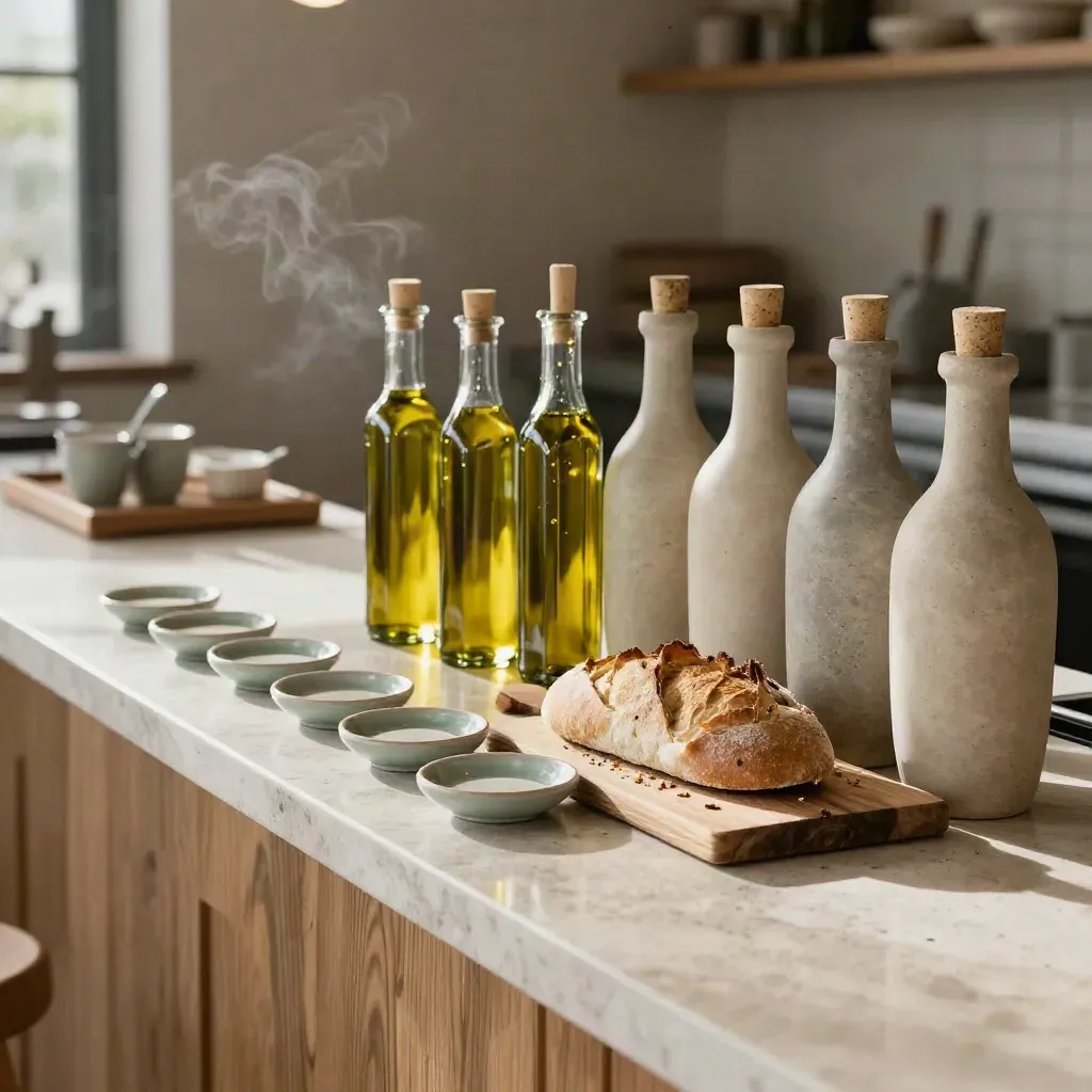 Banco di trattoria con oliere, pane e piattini pronti per il servizio del pranzo.
