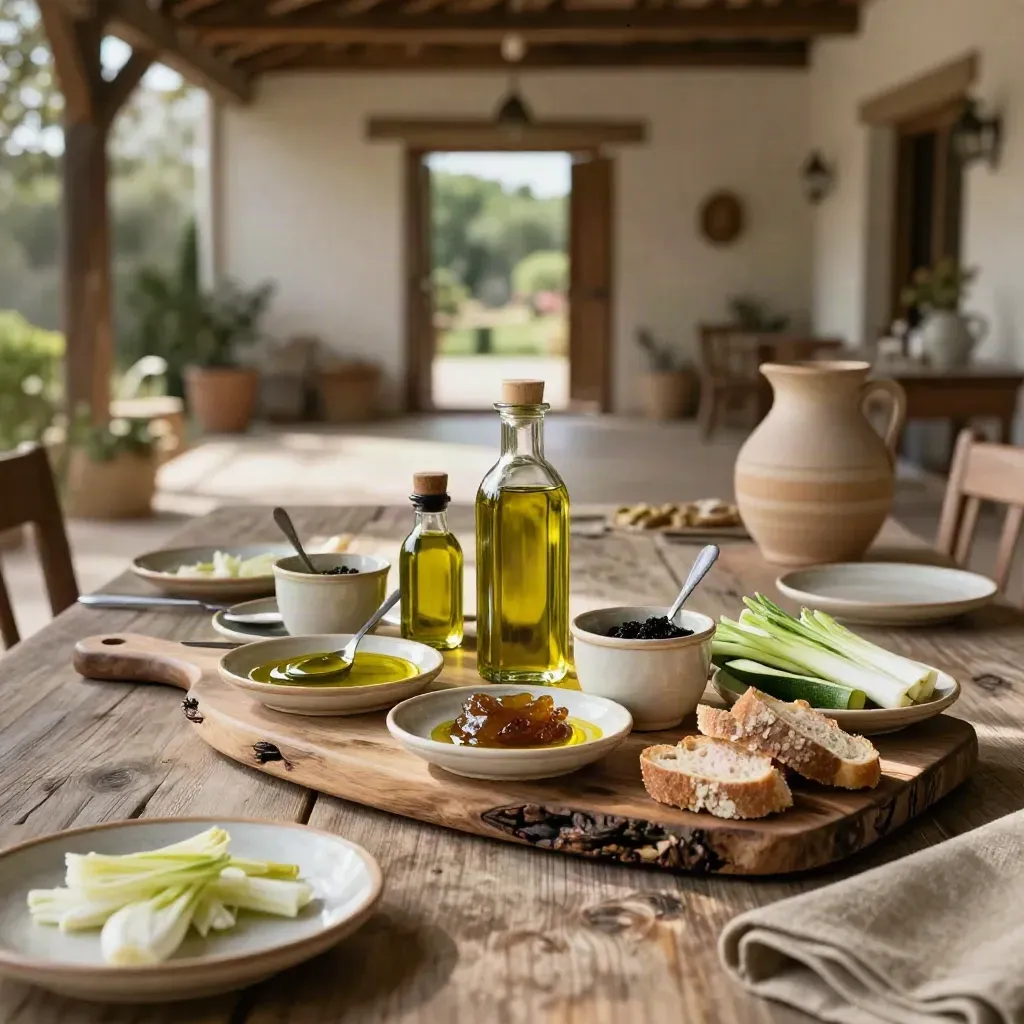 Tavolo di degustazione in cascina con olio, confetture e verdure sotto il portico.