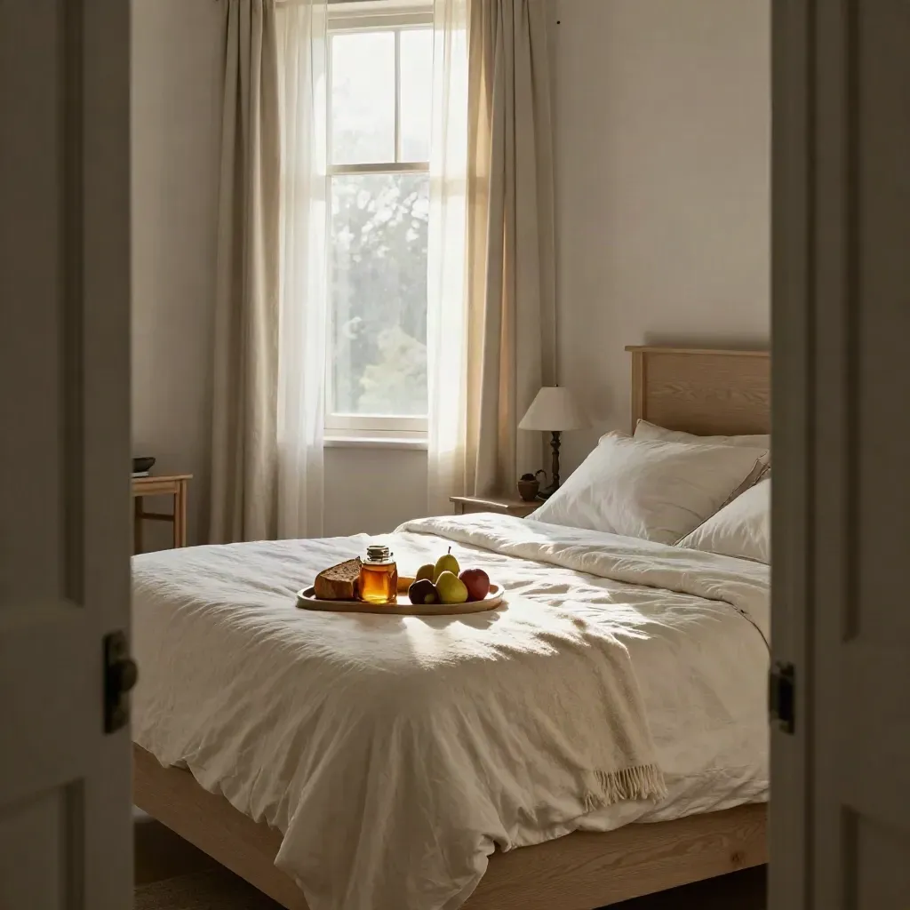 Camera eye-level dalla porta, letto rifatto con vassoio colazione, miele, pane e frutta al sole