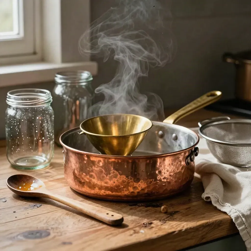 Padella di rame, imbuto per marmellate e vasetti su banco rustico, luce calda.