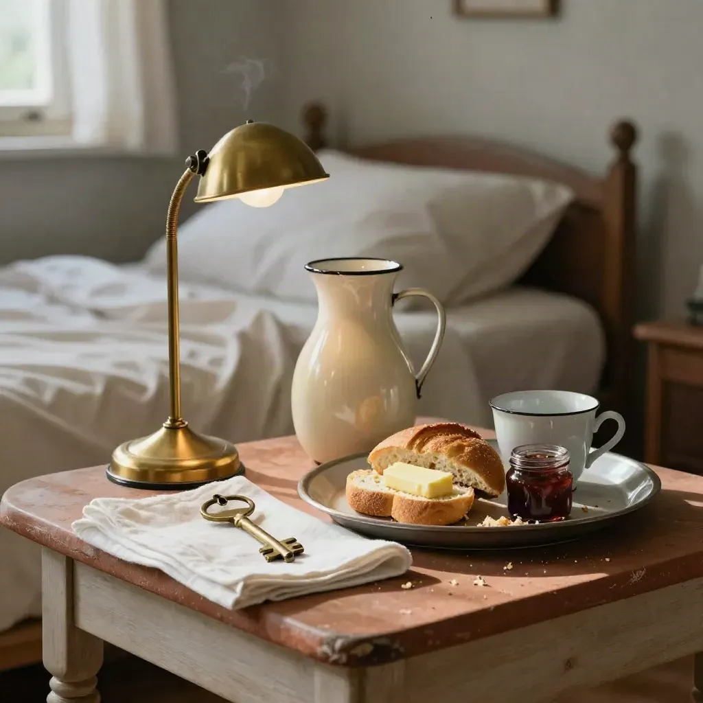 Vassoio colazione in una camera rurale: chiave in ottone, lino bianco, caraffa smaltata, luce mattutina.