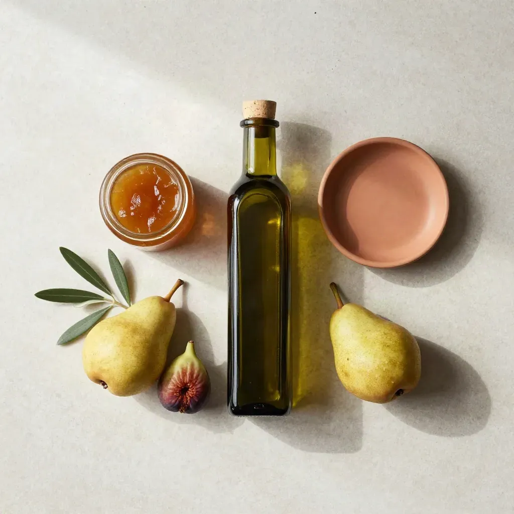 Flatlay di marmellata, olio e prodotti stagionali su pietra, luce morbida.