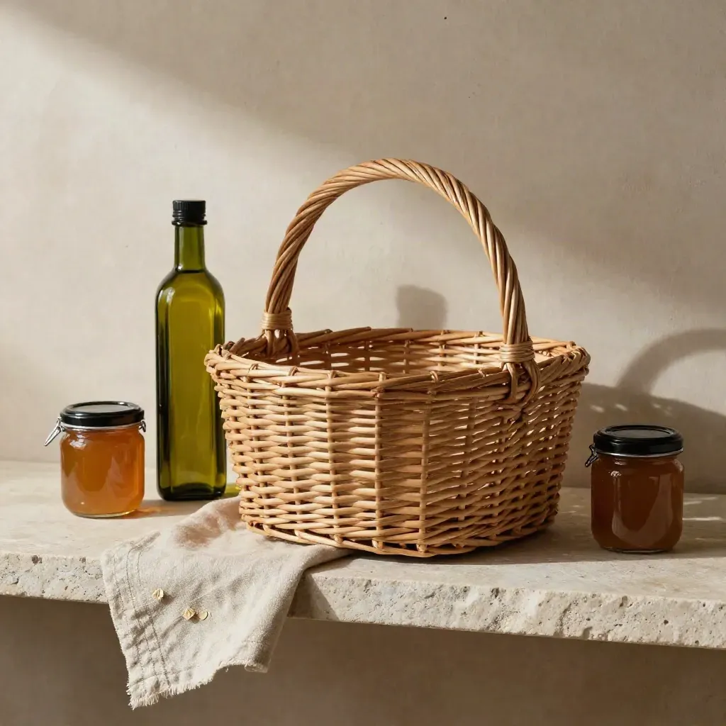 Cesto in vimini, bottiglia d’olio e due vasetti di marmellata su mensola in pietra