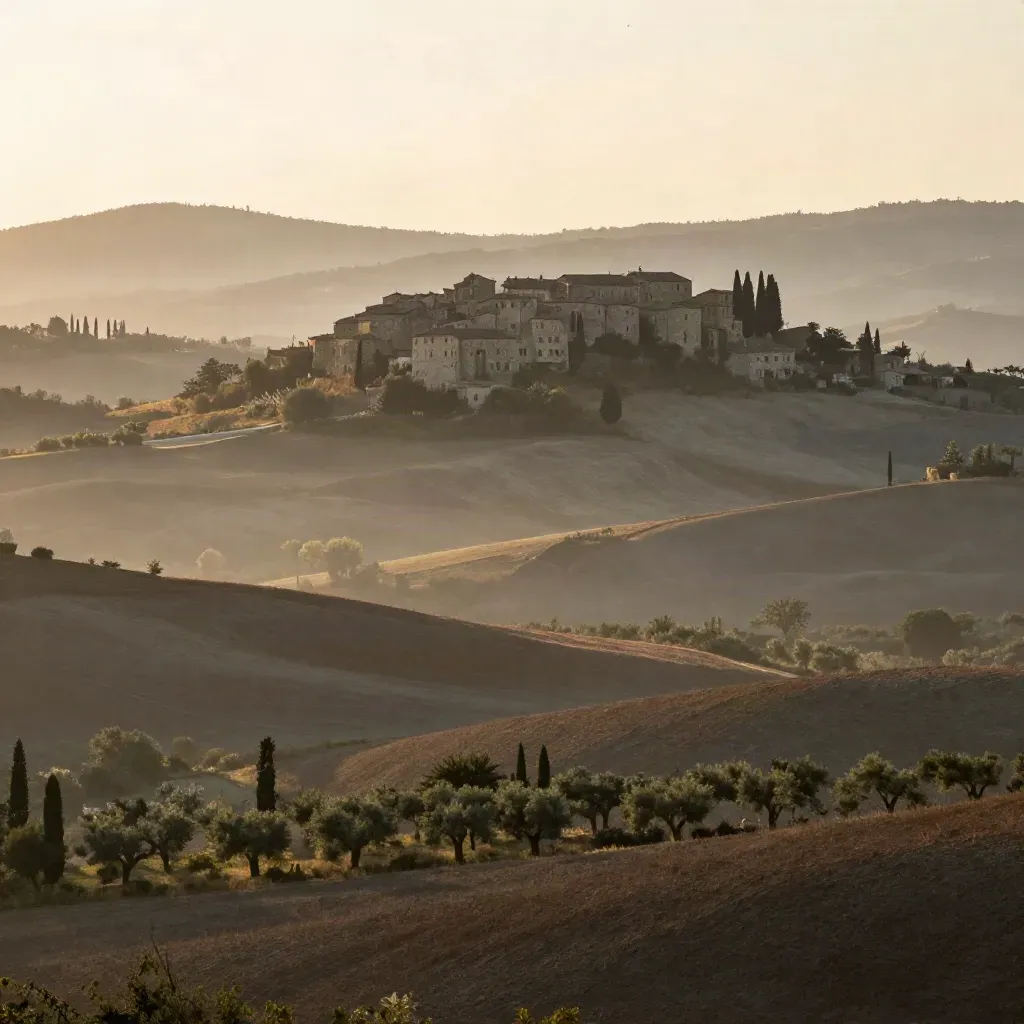 Colline toscane all’alba con cipressi e borgo in cima alla collina, valle morbida e velata.