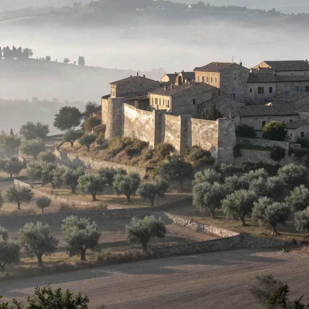 Borgo umbro su colline con uliveti e nebbia del mattino