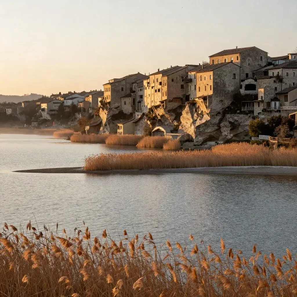 Tufi di Bolsena al tramonto con lago calmo e canneti, luce dorata e toni naturali.