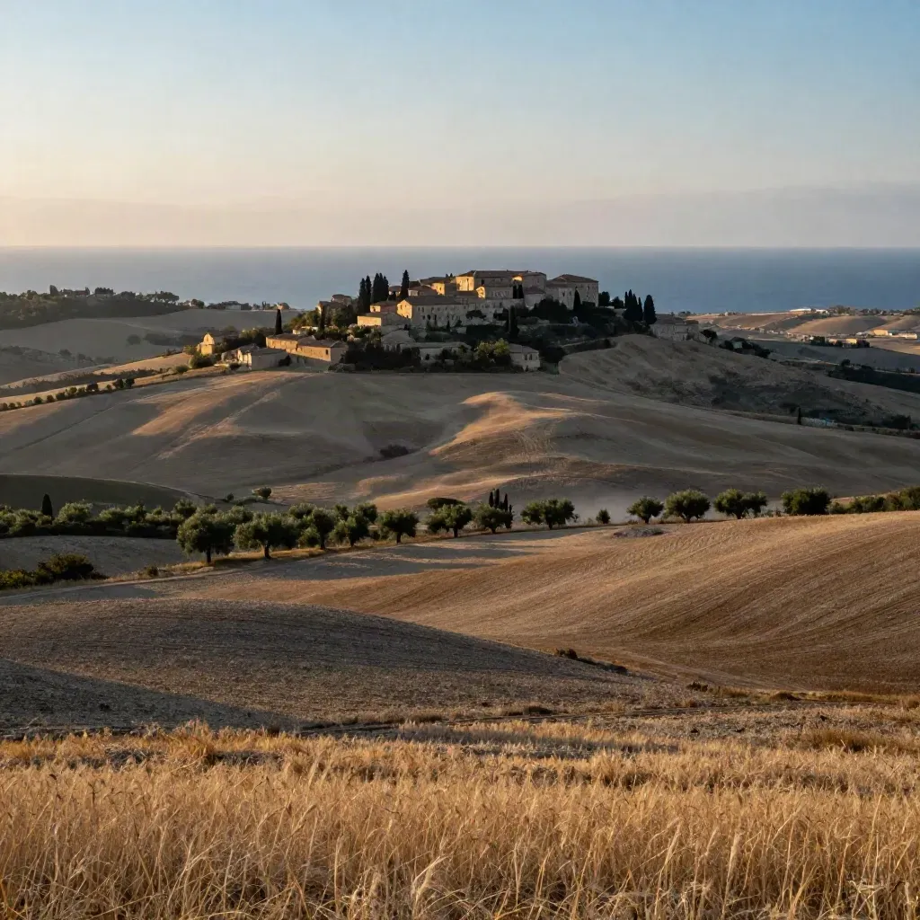 Paesaggio delle Marche sud al tramonto con colline, borgo e mare in lontananza.