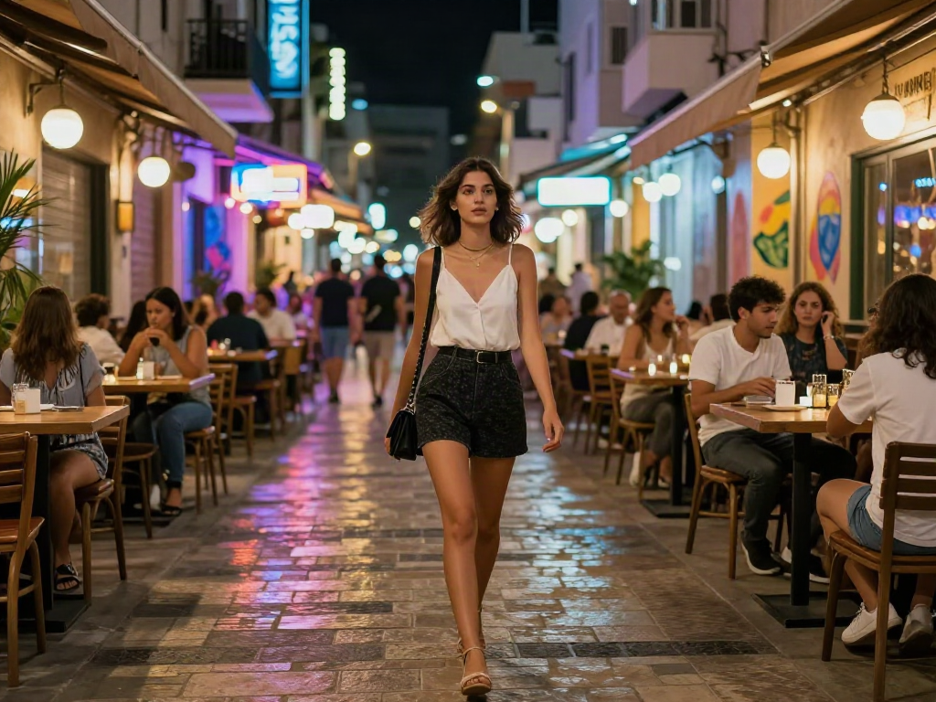 Stylish woman enjoying Tel Aviv's nightlife, representing נערות ליווי בתל אביב in an elegant urban setting.