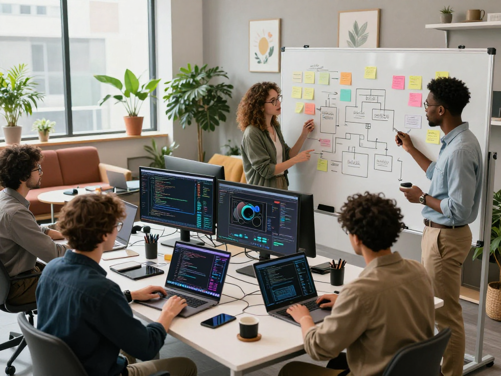 Collaboration in an AI workspace featuring diverse creators discussing slut ai innovations with tech gadgets and relaxed environment.