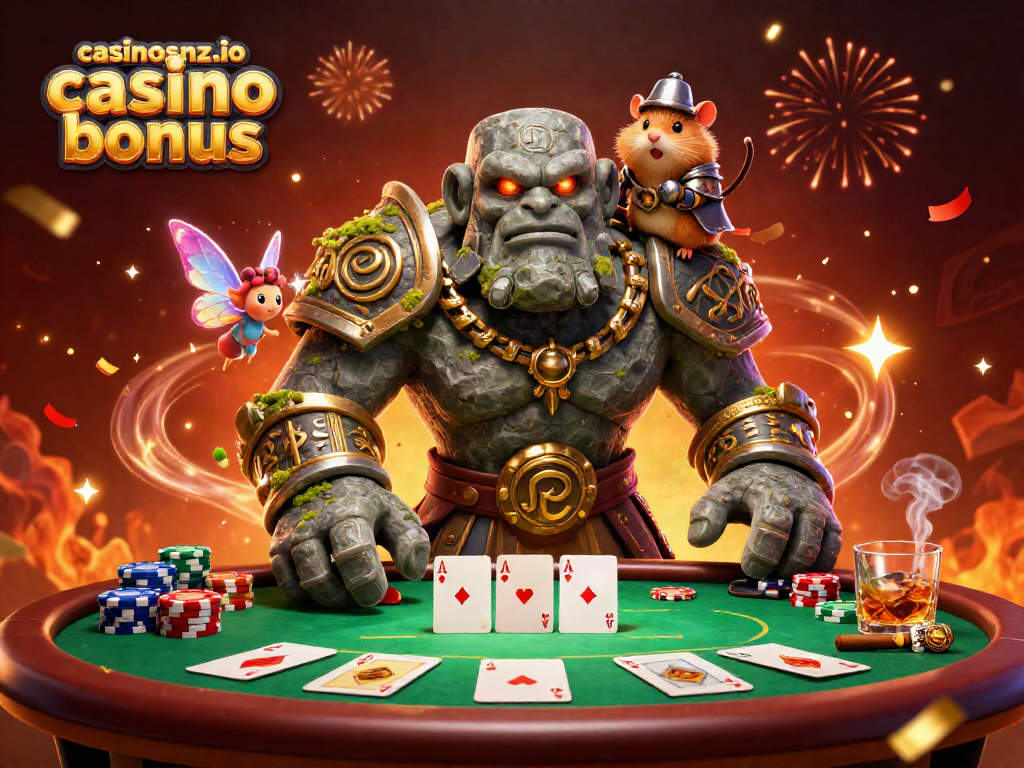 Experience winning strategies with casinosnz.io casino bonus at an exciting poker table featuring 3D characters and vibrant elements.