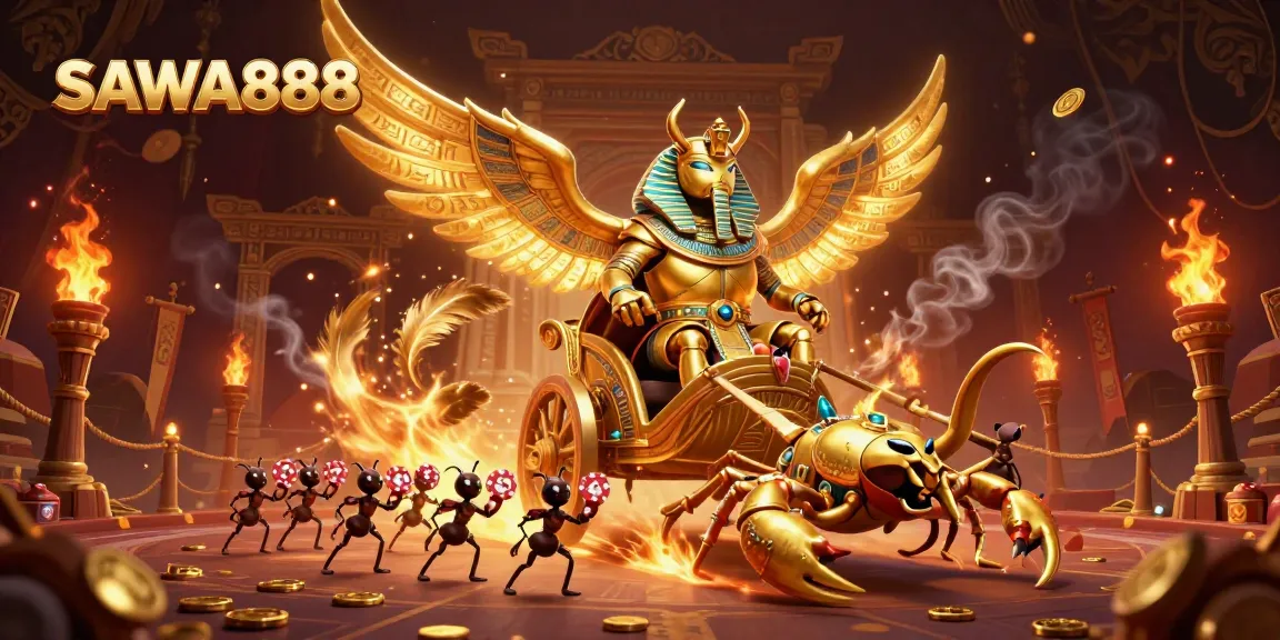 Experience SAWA888 with a dynamic casino-themed illustration featuring a golden scarab and scorpions.