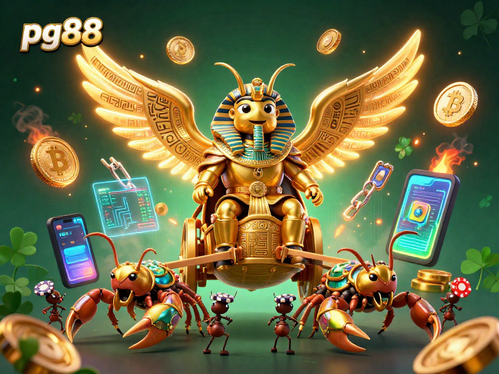 Engage with pg88's thrilling slot experience as a golden scarab beetle rides into a jackpot adventure.
