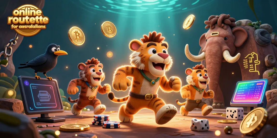Engage in online roulette for australians with a lively casino scene featuring playful cavemen and bright elements.