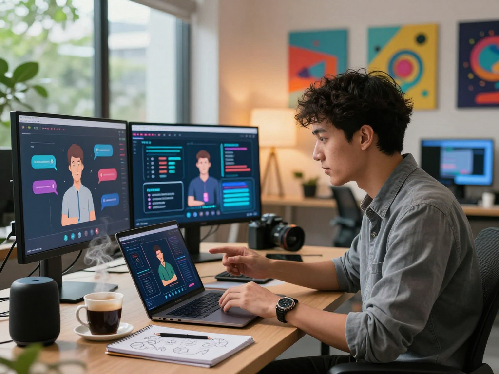 Engaging in a spicy AI chat in a modern tech workspace with innovative digital displays.