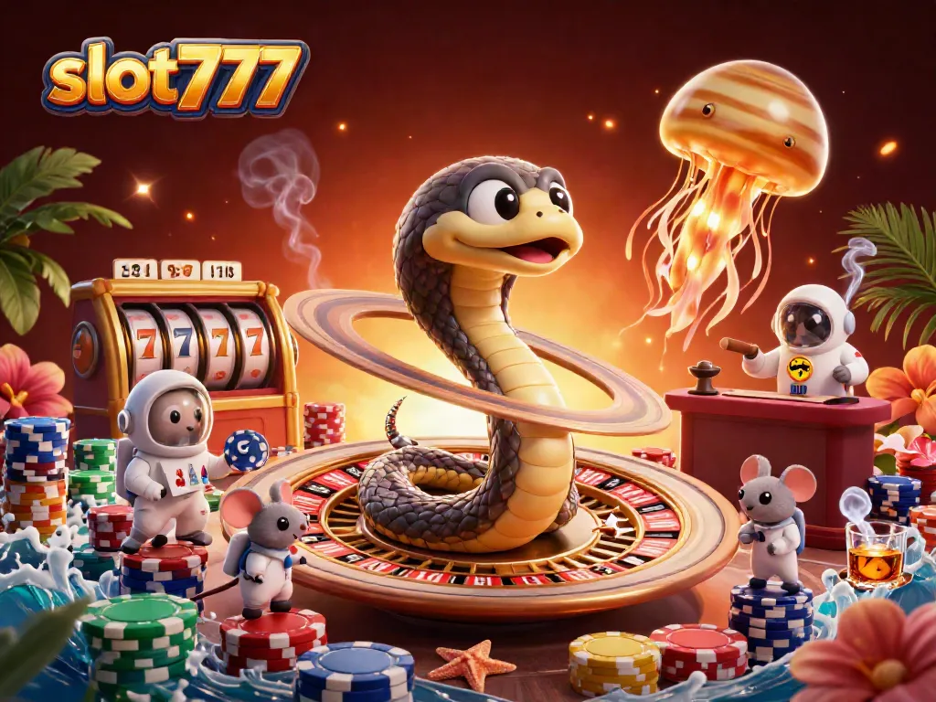 Spin the slot777 reels with dynamic 3D action as astronaut mice bet in a vibrant casino scene.