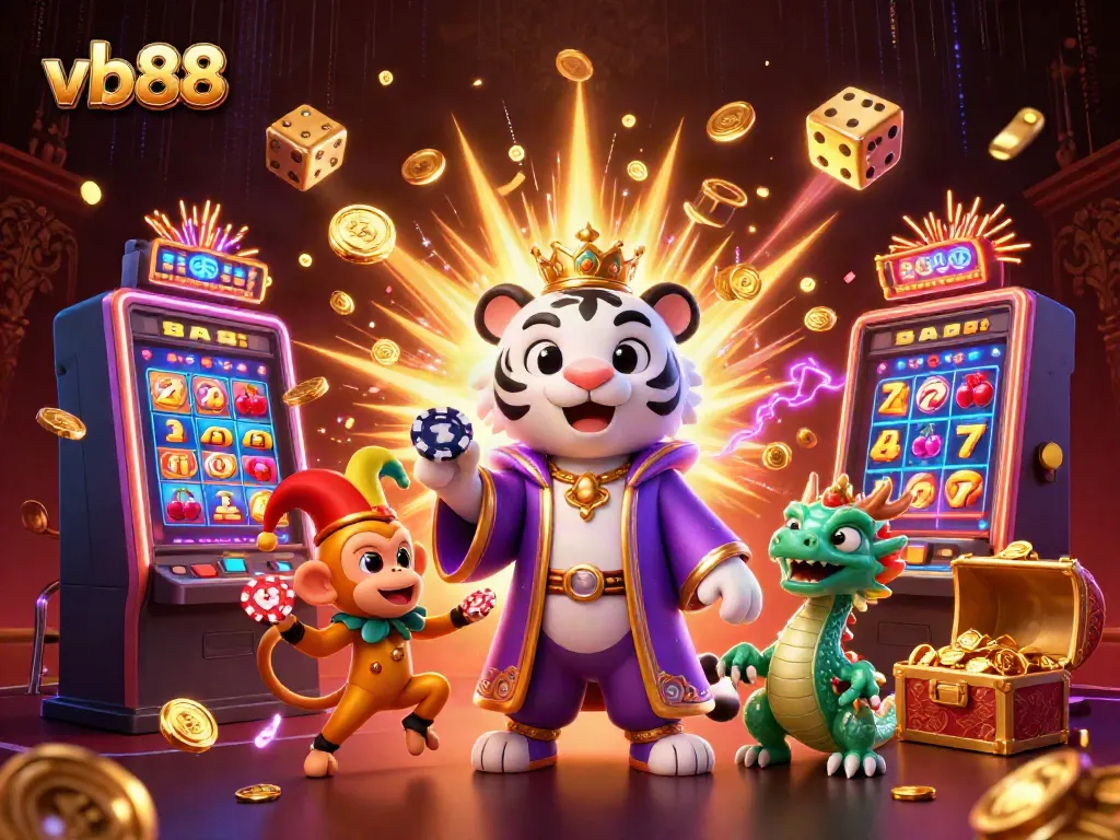 Experience thrilling fun with vb88's vibrant casino scene featuring a regal tiger and juggling monkey.
