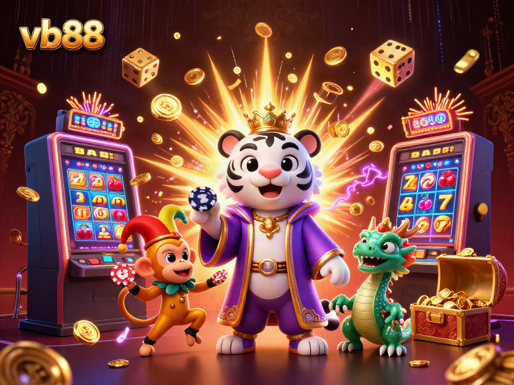 Experience thrilling fun with vb88's vibrant casino scene featuring a regal tiger and juggling monkey.