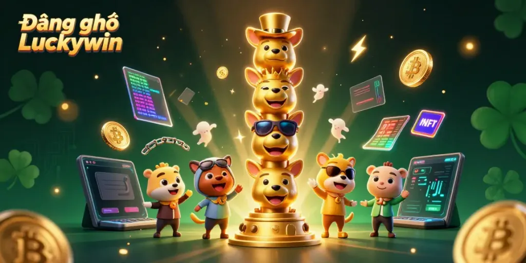 Engage with the vibrant world of Đăng ký Luckywin through this dynamic 3D illustration featuring crypto and casino elements.